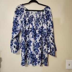Blue and White Smocked Puff Sleeve Blouse Tunic Floral Romantic Cottagecore  2X